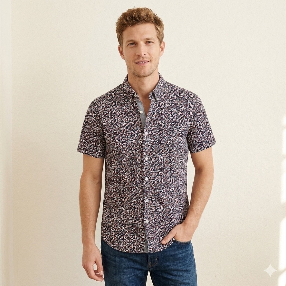 J.Crew Mens XL Short‎ Sleeve Button Down Shirt Navy Floral Daisy Print July 4th